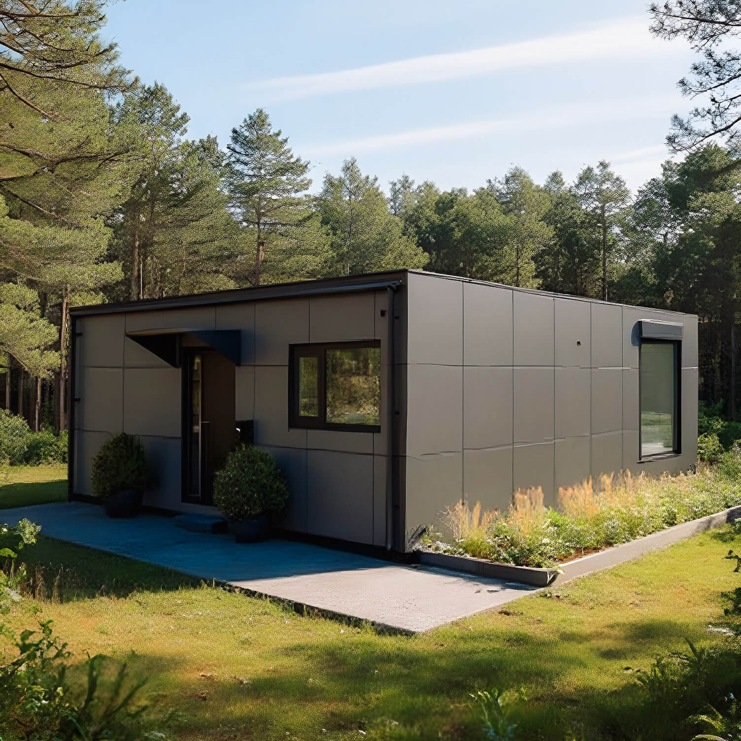 Ein modernes 2B Mikrohaus mit grauer Fassade steht inmitten einer grünen Waldlandschaft. Das kompakte Gebäude besitzt große Fenster und eine kleine Terrasse mit Pflanzen und Sträuchern, die das minimalistische Design ergänzen.