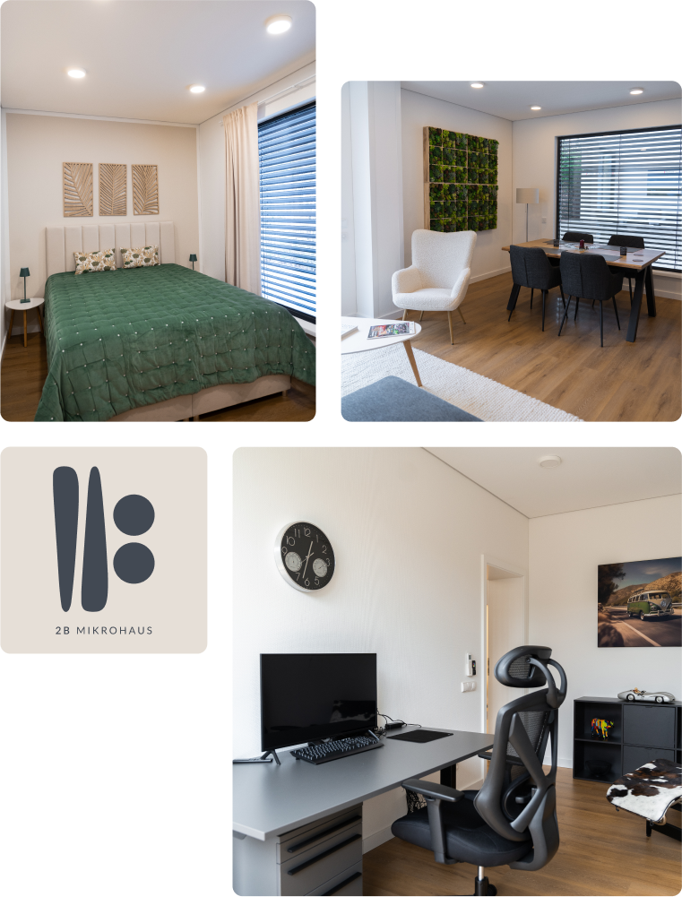 Collage mit Schlafzimmer, Essbereich, Arbeitszimmer und dem Logo von 2B Mikrohaus, die die moderne Innenausstattung zeigt.